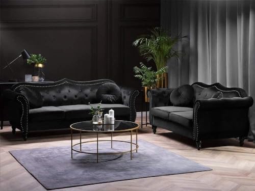 Image of Modern & Classic Chesterfield Sofa 5 Seater Sofa Velvet L-Shape Corner Sectional Button Tufted Sofa for Living Room, Dining Room, Office and Hallway-(Black-C).