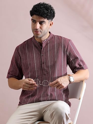 Image of Filori Lurex Checks Design Short Kurta | Pure Cotton | Half Sleeves | Mandarin Collar