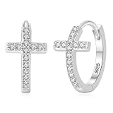 Senteria Pequeños aretes de aro de plata de ley hipoalergénicos con cruz de plata con circonita cúbica, aretes de aro ligeros para mujer, regalo de 10/15/20 mm, Plata, Sin piedra preciosa