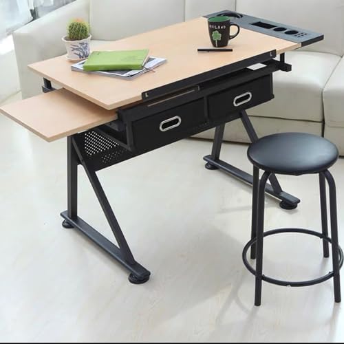Drawing Tilting Tablet,Adjustable Drafting Table & Stool Set w/Stool and 2 Storage Drawers, 80° Tiltable Tabletop MDF Versatile Art Desk for Home Office, Art Studio, or Craft Room, Wood