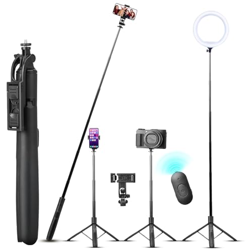 Image of Long Selfie Stick Tripod for Mobile | 62 inch Extendable Aluminum Tripod Stand with Bluetooth Remote | 360 Rotation | Vlogging for iPhone & Android | Travel Selfie Stick | Ring Light Mount