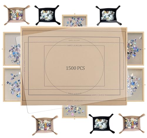 Image of 1500 Pieces Jigsaw Puzzle Board with 6 Drawers Auxiliary Line Grid Portable Rotating Large Wooden Puzzel Table Cover 1500 1000 Pieces Top Desk Easel Keeper Older Storage Mat for Adults…