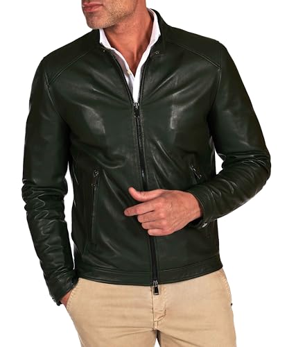 D'Arienzo Giacca in Pelle Verde Uomo Giubbotto Moto Giubbino Biker
