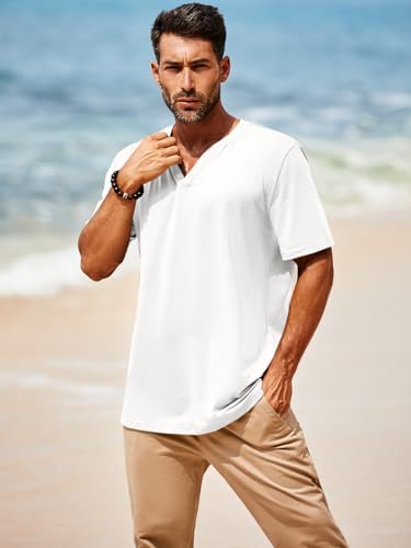 Runcati Mens Casual T Shirts Short Sleeve V Neck Henley Shirt Button Basic Fashion Summer Beach Tee Tops White - Image 3