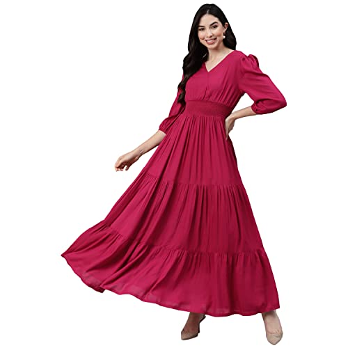 Image of DEEBACO Women's Solid Rayon Fit and Flare Maxi Dress for Woman Festive Fancy|Casual Trending Stylish Long Plus Size One Piece Dresses Women Western (3XL,4XL,5XL,6XL) (Magenta)