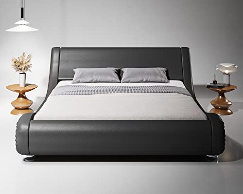 SHA-CERLIN-King-Size-Upholstered-Bed-Frame-Deluxe-Low-Profile-Sleigh-Bed-with-Faux-Leather-Ergonomics-Headboard-No-Box-Spring-Needed-Easy-Assembly-Black