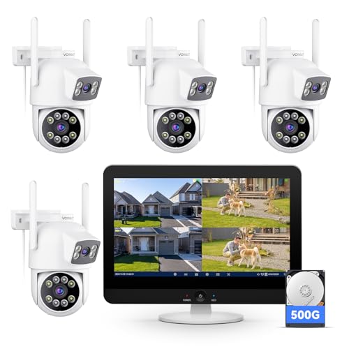 VORGUT 防犯カメラ 屋外 モニター付き 自動追尾 ワイヤレス 4台セット 12インチ大画面録画機 360度パンチルト 双レンズカメラ 2.4GHz＆5GHz Wi-Fi 対応 人形追跡 24時間録画対応 無線 監視カメラ EseeCloud対応 家庭用/業務用 内蔵500GB HDD