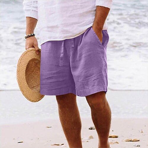 Mens Beach Shorts Elastic Waist Lace-Up Loose Casual Shorts with Pockets Plus Size Knee Length Short Pants2