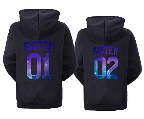 Sevpuikl Best Friends Hoodie pour Femme Sweat à Capuche pour Sister Imprimé Sister 01 Sister 02 Manches Longues 1 Pièce(SKY-Noir-01,XXL)