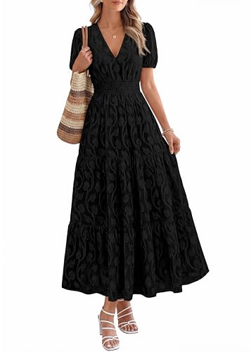 Image of KIRUNDO Summer Dresses for Women 2026 Boho Flowy Casual Short Sleeve V Neck Elastic Waist Floral Long Baby Shower Maxi Dress