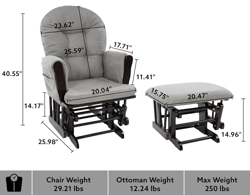 Nursery Glider & Ottoman Sets, Reclining Glider Rocker with Ottoman, Nursery Rocking Breastfeeding Maternity Chair for Baby Room, Recliner Glider with Ottoman, Padded Arms - Espresso, Dark Gray - Image 3