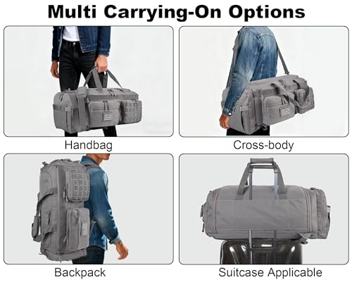 Image of LHI 50L Tactical Duffle Bag for Men, 3-in-1 Gym Duffle and Backpack, Shoe Compartment, Laptop Sleeve and MOLLE, Carry-On Travel Weekender and Overnight Bag - Gray