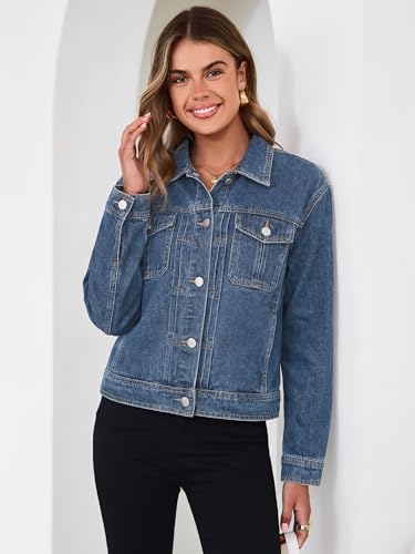 Image of Glamaker Womens Jean Jacket 2026 Casual Basic Trendy Button Down Long Sleeve denim Jacket Coat With Pockets