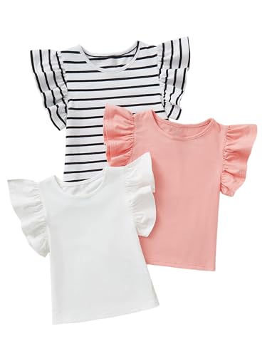 OYOANGLE Girl's 3Pcs Knitted Short Sleeve Solid Crop Top Crew Neck Ruffle Lettuce Trim Crop Tee Top Print Girl Clothes