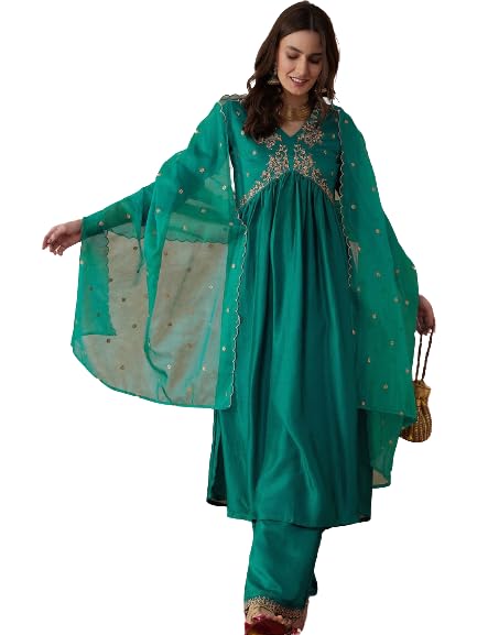 Image of SheWill Women's Vichitra Zari Sequence Embroidery Alia Cut Kurta with Palazzo Dupatta Set
