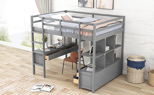 Siysnksi Multifunctional Loft Bed With Built-In Desk And Two Drawers, Full Size Loft Bed With Storage Shelves And Drawers, Wood Loft Bed Frame With Ladder And Guardrail (Gray) #TOP5