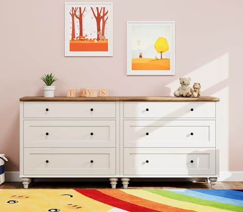 Image of WAMPAT White Dresser for Bedroom with 6 Drawers, Wood Dressers with Wide Chest of Drawers, Mid Century Modern Wooden Closet Storage Organizer, Large Kids Dressers for Nursery, Living Room, Hallway