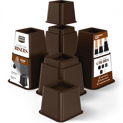 Utopia Bedding Adjustable Bed Furniture Risers - Elevation in Heights 3, 5 or 8 Inch Heavy Duty Risers for Beds and Under Bed Storage - Supports up to 1,300 lbs - (Set of 8 Riser, Brown)