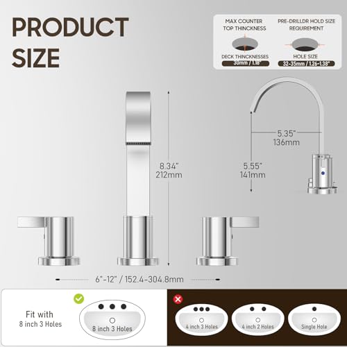 Phiestina Chrome 8 Inch 3 Hole 2 Handle Waterfall Widespread Bathroom Sink Faucet with Metal Pop-Up Drain, WF40-1-C