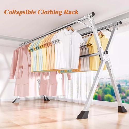Stainless Steel Garment Rack, Clothes Drying Rack Collapsible, Heavy Duty Laundry Rack, Foldable Laundry Drying Rack, with 20 Windproof Hooks, Indoor/Outdoor