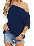 LEEDYA Women's Sexy Off Shoulder Top 3/4 Sleeve Loose Shirt Casual Boat Neck Blouse Tops Navy Blue Medium