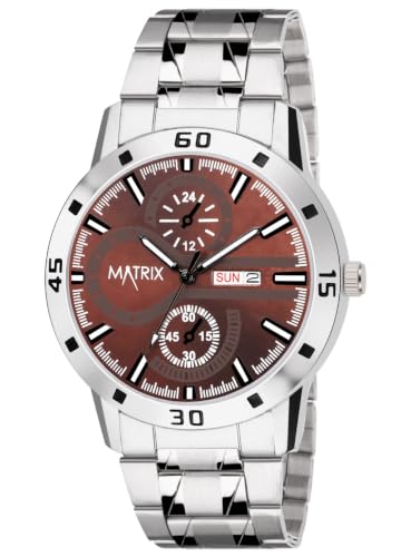 Image of Matrix Superior Analog Watch for Men | Black, Blue, Green & White Dial Stainless Steel Chain Strap Watch | Day & Date Display | Quartz Movement | Stylish Casual & Formal Wrist Watch for Boys & Men