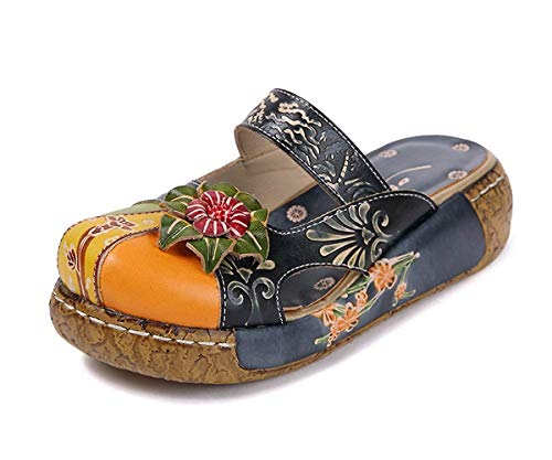 Unbekannt Damen Mokassins Slipper, Ledersandalen Plateauschuhe Sommerschuhe Vintage Backless Clogs Bunte Blume Flache Schuhe Dicker Boden Strandschuhe Blau Größe: 5 UK