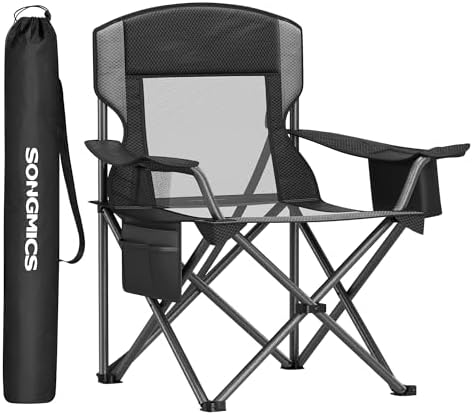 SONGMICS Camping Chair, Folding Lawn Chair with Cooler Bag, 352 lb Weight Capacity, Adjustable Armrests with Cup Holder, Storage Bag, Breathable Nylon Mesh, for Sports Games, Ink Black UGCB060B01