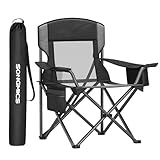 SONGMICS Camping Chair, Folding Oversized Chair, Comfortable and Heavy-Duty, 352 lb Weight Capacity, Adjustable Armrests with Cooler Bag, Storage Bag, Breathable Mesh, Ink Black UGCB060B01