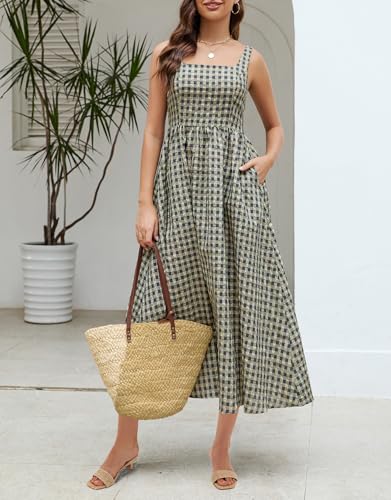 Ladyful Womens Summer Gingham Maxi Dress Spaghetti Strap A-line Checkered Long Dress Square Neck Casual Beach Plaid Sundress4