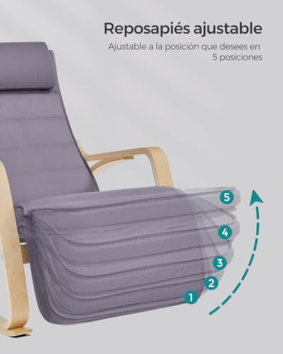 SONGMICS Silla Mecedora, con Apoyabrazos de Madera de Abedul, Silla Mecedora con Reposapiés Ajustable en 5 Posiciones, Máx. Carga de 150 kg, Dormitorio, Salón, Gris Claro y Natural LYY010G01 - imagen 6