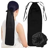 シルク ナイトキャップ シュシュ 100% ロングヘア用 シルクキャップ ヘアキャップ ロング 夏 就寝用 かぶらない 毛先だけ『乾燥・摩擦から髪を守る』保湿 美髪 ポニーキャップ (ブラック【Lサイズ】)