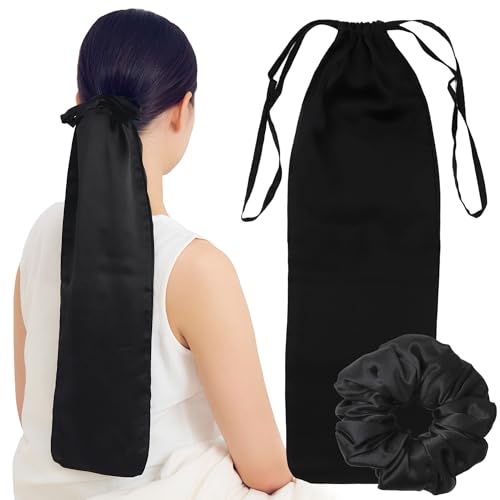 シルク ナイトキャップ シュシュ 100% ロングヘア用 シルクキャップ ヘアキャップ ロング 夏 就寝用 かぶらない 毛先だけ『乾燥・摩擦から髪を守る』保湿 美髪 ポニーキャップ (ブラック【Lサイズ】)