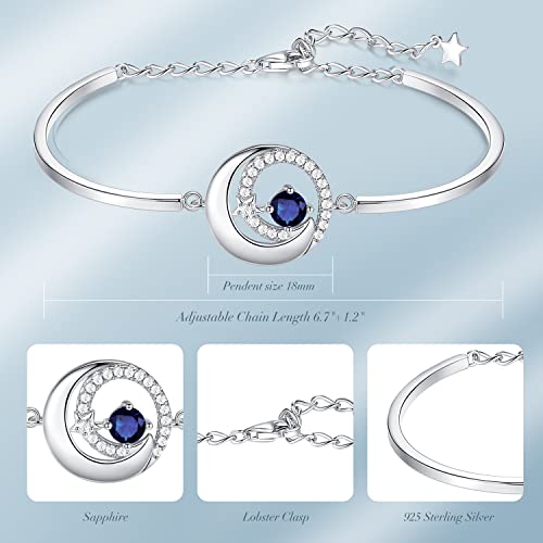 Fancime September Birthstone Bracelets For Women Girls 925 Sterling Silver Moon And Star Bangle Blue Created Sapphire Charm Bracelet Fine Gemstone Jewelry Birthday Anniversary Christmas Gifts For Her, Adjustable Chain 6.7"+1.2" Extend #TOP4