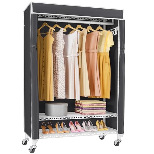 VIPEK R1C Rolling Clothes Rack with Cover Portable Closet for Hanging Clothes, Heavy Duty Garment Rack Freestanding Clothing Rack with Wheels & Hanging Rod, White Closet Rack with Black Cover