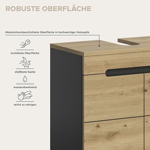 xonox.home Badezimmer Canu 2tlg. Kombination Badmöbel Set kleine Bäder Komplettprogramm Bademöbel-Set in Front + Absetzung Artisan Eiche Nb., Korpus Basalt grau Nb.