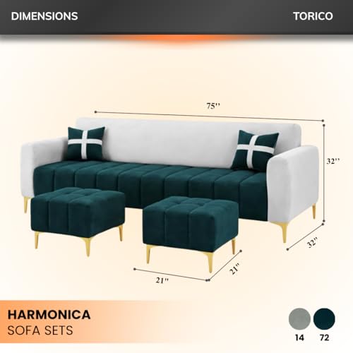 Image of Melody 3 Seater Modular L Shape Sofa Set with 2 Ottoman | Soft Velvet Upholstery, Sturdy Wooden Frame | Modern Sofa for Living Room, Hall & Office Spaces (Light Grey-Green Teal)