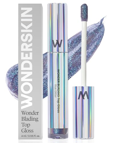 Wonderskin Lip Gloss Blading Top Gloss, Hydrating and High Shine Finish Lip Makeup (Blue Glitter)