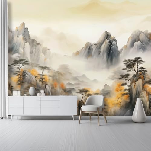 Photo Wallpapers Living Room Wall Decoration, Not Self Adhesive Chinoiserie Mountain Landscape Bedroom Mural Wallpaper, Grey Print Photo 3D Wall Murals for Room Office Decor, 400 x 280 cm (W x H)