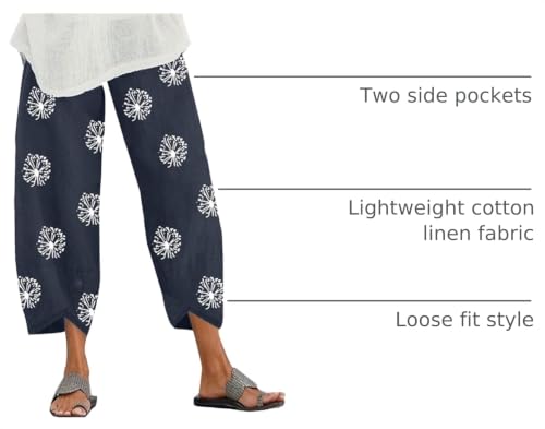 Image of Cotton Linen Capri Pants for Women 2025 Casual Printed Cropped Palazzo Pants Elastic Waist Lounge Baggy Trousers