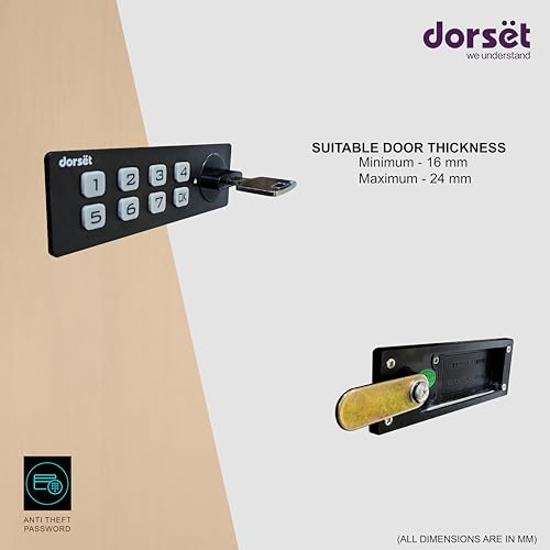 Image of Dorset Password Lock for Drawer and Cabinets | Password 4 to 15 Digit & Mechanical Key | Digital Keyless Lock for Home | Ideal Door Thickness 16-24 mm, Black, DG 306