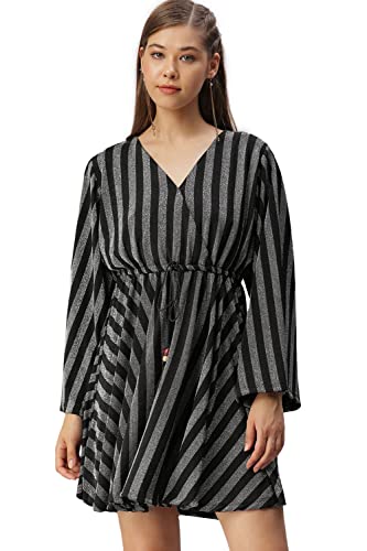 Image of SHOWOFFFF Women Stripe Print Empire Party Dress | V Neck Full Sleeves Lycra Dress for Womens | Above Knee Dress for Women's