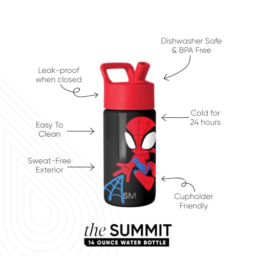 Image of Simple Modern Marvel Spider Man Kids Water Bottle with Straw Lid | 14oz Insulated Stainless Steel Kids Tumbler & Spill Proof Toddler Cup for School, Girls, Boys | Summit | Spidey Kid