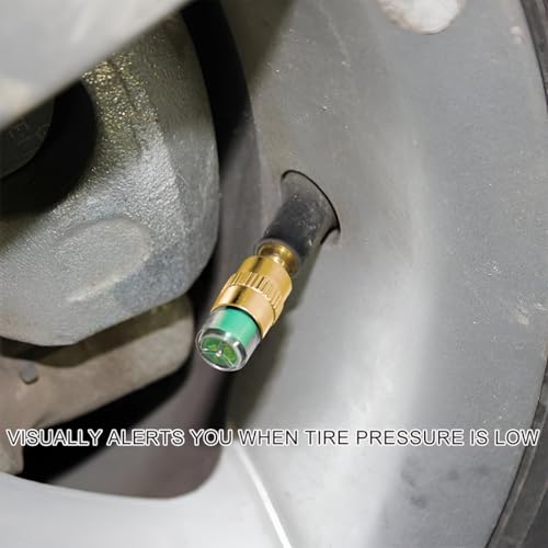 Image of 12 PCS Tire Pressure Monitor Valve Stem Caps, 2.4 Bar 36PSI Pressure Monitor Stem Covers with 3-Color Eye Alert, Easy to Read Sensor Indicator Tire Valve Cap for Most Cars (Golden)