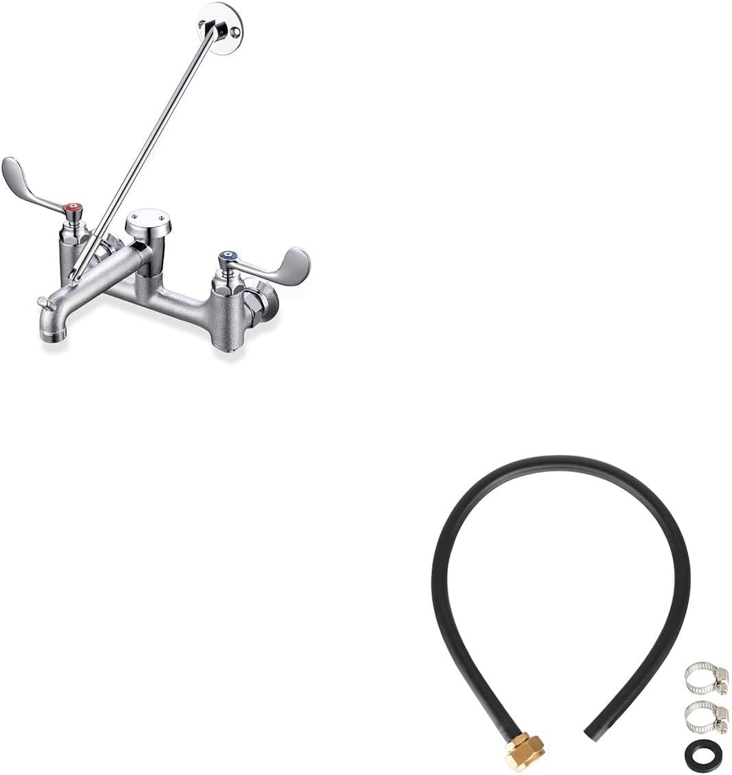 8" Center Commercial Mop Sink Faucet with Wrist Blade Handle & 3/4" Mop Sink Hose, 2.4ft (29 inch) Heavy Duty Short Water Hose