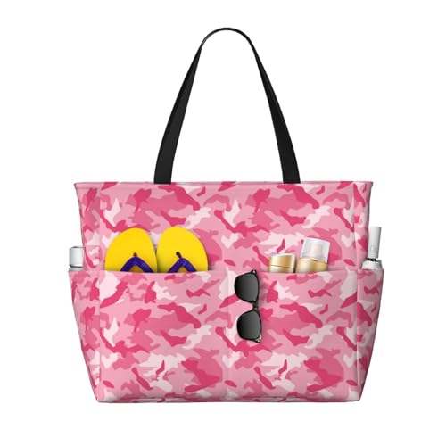 Large Beach Bags Water-resistant Sandproof - Pink Camouflage Cute Beach Tote Bags for Women with Zipper - Main Image