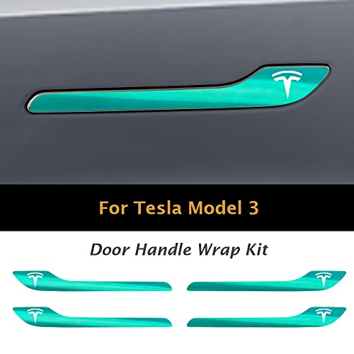 Image of IPG Compatible for Model 3 / Model Y /Juniper Door Handle Decal Sticker Wrap Kit (Set of 4) with Tesla Logo Personalize Your Tesla (Shiny Turquoise)