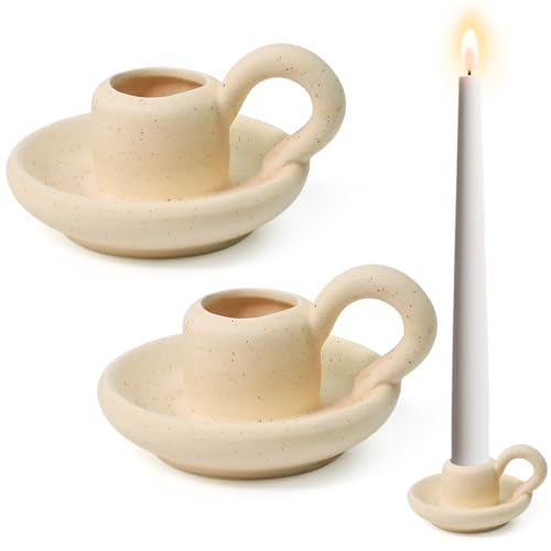 Huucozn 2 Portavelas de Cerámica, Candelabro Ceramica para Velas de 2.5 cm Diámetro, Candelabros de Varilla de Diseño Moderno, Portavelas Porcelana para Centro de Mesa, Bodas y Eventos- Beiges