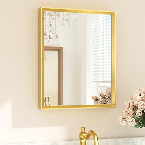 TETOTE Gold Bathroom Mirror 16" x 20" Brushed Brass Rectangle Beveled Framed Bathroom Vanity Mirror for Over Sink, Tempered Glass, Shatterproof, Modern Farmhouse Bedroom, Entryway, Living Room