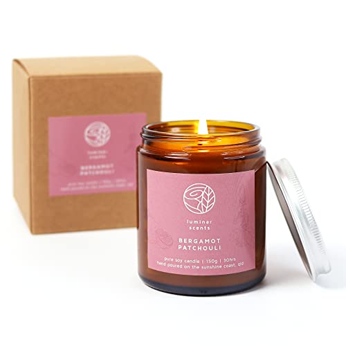 Natural Soy Candle Made in Australia in Amber Jar 150g - 30 Hours Burn Scented Aromatherapy Candle with Gift Box (Bergamot Patchouli)